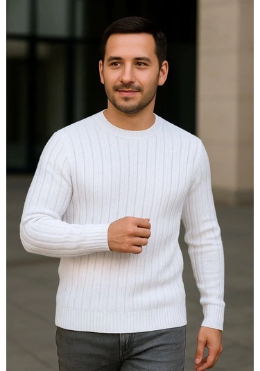 Erkek Bisiklet Yuvarlak Yaka Triko Kazak Pamuklu Kalın Fitilli Dokuma, Regular Fit Uzun Kollu Kışlık Beyaz