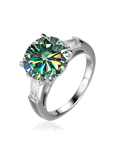 Bagueringen Lüks Büyük 5 Karat Mozanit Pırlanta Yüzük Gümüş 925 Takı Klasik Dört Pençe Tasarım Kadın Alyans Mavi - Yeşil 7.25