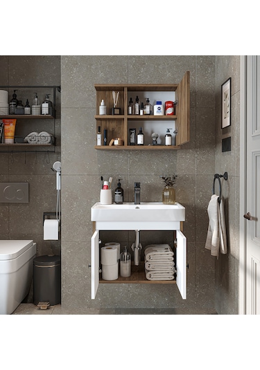 Lavabolu Mat Suntalam 60 Cm Banyo Dolabı + Aynalı Üst Dolabı Atlantik Çam - Beyaz