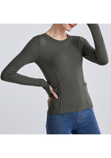 Jeemson Kadın Yoga Üstü - Rahat Nefes Alabilen Uzun Kollu Spor Tişört Ordu Yeşili