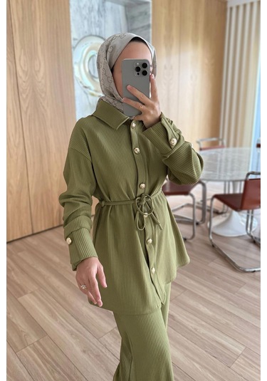 Gold Düğme Detaylı Fitilli Takım - Yağ Yeşili Yağ Yeşili