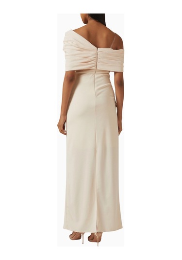 Ac By Aanchal Chanda Off - Shoulder Rose Drape Gül Drapeli Omuz Dekolteli Uzun Kadın Elbise Bej