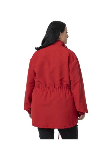 Büyük Beden Çıtçıt Ve Fermuar Kapamalı Beli Büzgülü Astarlı Kırmızı Trençkot Kırmızı