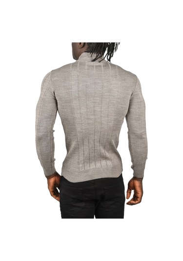 Deepsea Erkek Vizon Yarım Balıkçı Yaka Çizgili Tüylenmeyen Slim Fit Triko Kazak 2505491 Vizon