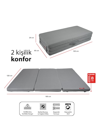 Xpermate Katlanır Çift Kişilik Yatak Çantalı 120x180x8 Gri