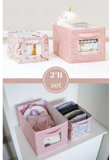 Onikiden Baby 2 Li Pencereli Düzenleyici Kutu, Çok Amaçlı Bebek Bakım Organizer Kutu 2 Li Set Pembe Beyaz - Pembe