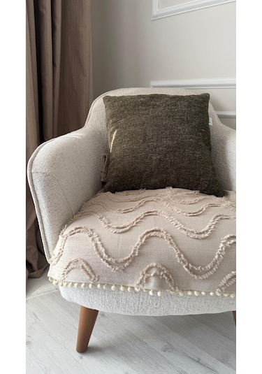 Diletto Oturma Yerini Kapatan Dalgalı Ponponlu Koltuk Örtüsü Berjer Örtüsü 70x95 Cm Vizon Vizon