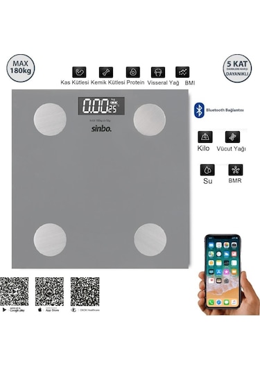 Sinbo Sbs-4469 Bluetooth Dijital Yağ Su Kas Vücut Kitle Endeksi Kilo Ölçer Tartı Baskül