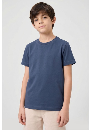 Koyu Mavi O Yaka Standart Fit Basic Unisex Çocuk T-shirt - 11328 Koyu Mavi