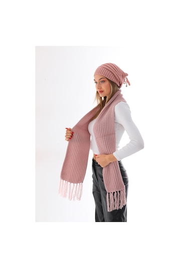 Kadın Ipli Bere Pudra Selanik Örgü Atkı Takım Pudra
