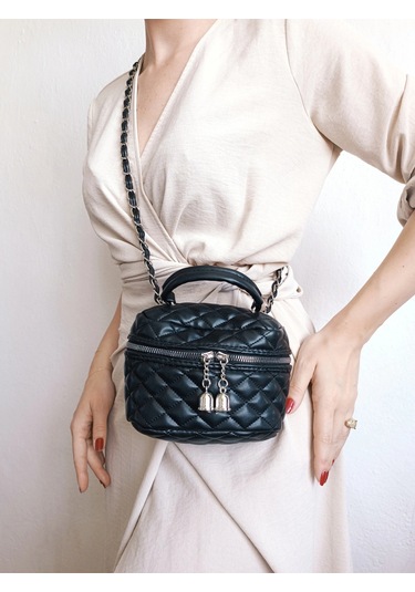 Glemix Leslie Siyah Kapitone Desen Kadın Kutu Crossbody Bag Siyah