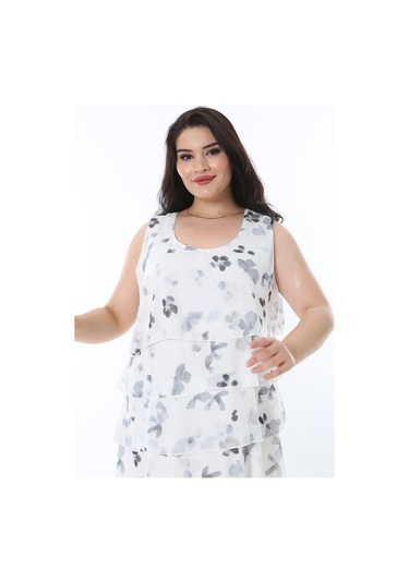 Kadın Büyük Beden Kemik Şifon Kumaş Volan Detaylı Astarlı Kat Kat Elbise 65n38197-kemik Kemik