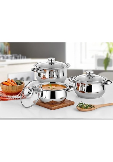 Gülsan Çakır 6 Parça Mini Çelik Tencere Seti Cam Kapak