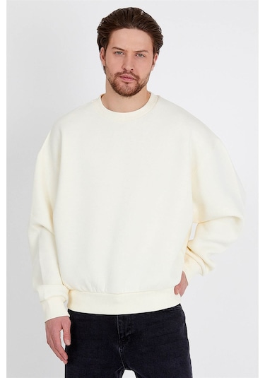 JAHR MARC Basic Oversize Krem Rengi Erkek Sweatshirt Krem