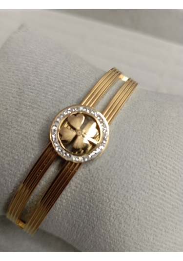 Yonca Model Zirkon Taşlı Gold Renk Kelepçe Bileklik Gold