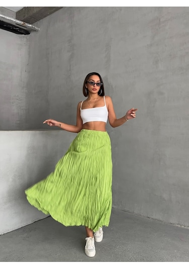 Kadın Buruşuk Modal Dokulu Soft Uzun Etek Açık Yeşil Kadın Buruşuk Modal Dokulu Soft Uzun Etek Açık Yeşil