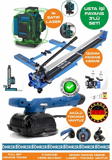 Alman Pro Ba01076m 3'lü Usta Fayans Seti - 120mm Fayans Kesme + Tokmak Vantuz + 16 Satır Lazer Hizalama Makinesi