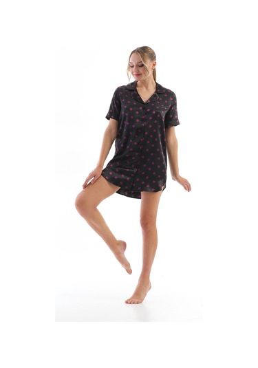 Laperissa Kadın Pembe Puantiyeli Saten Gömlek Gecelik Düğmeli, Şık Ve Rahat Ev Giyim Siyah