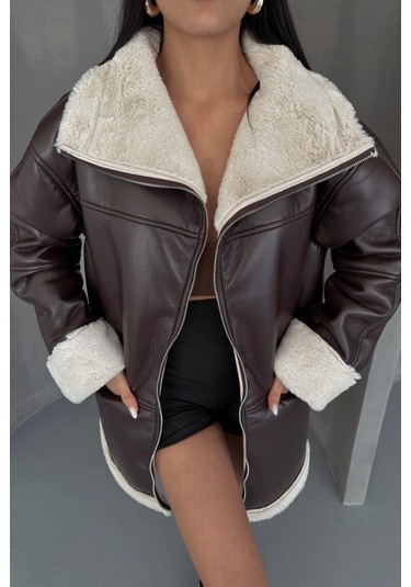 Deri Mont Kol Ve Yaka Peluş Kapaksız Cep Detaylı - Kahverengi Kahverengi