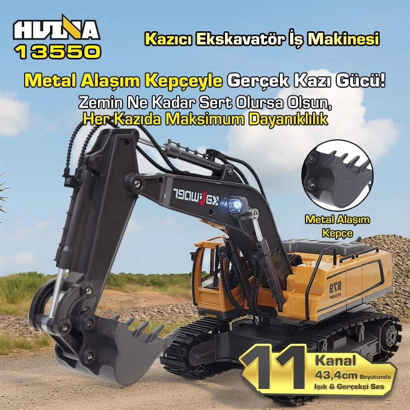 Huına Kaliwo 13550 1/18 11ch Kazıcı Ekskavatör İş Makinesi İnşaat Uzaktan Kumandalı Rc Model Metal Kepçeli Sarı - 2.4ghz Gerçekçi Similasyon Ses Ve Işık Sistemi