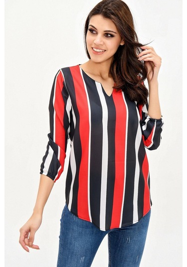 Kadın Lacivert & Kırmızı Yakası Yırtmaçlı Çizgili Krep Bluz Truvakar Kol Kaliteli Dokulu Kumaş Lacivert - Kırmızı