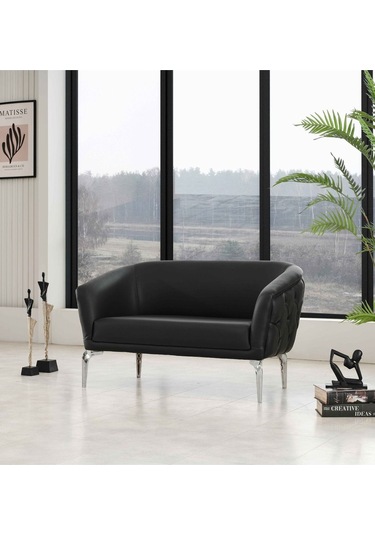 Asel Siyah Deri Kapitoneli Metal Krom Gümüş Silver Çapraz Ayaklı Ofis Koltuk Takımı Siyah