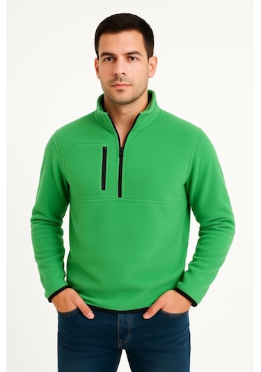 Erkek Polar Kazak Dik Yaka, Yarım Fermuarlı, Fermuarlı Göğüs Cepli, Siyah Biyeli, Kışlık Rahat Regular Fit Günlük Model - Yeşil Yeşil