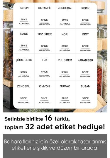 24'lü Bambu Kapaklı Cam Baharatlık Seti - Etiketli Tuzluk Biberlik Köşeli Baharat Takımı 120 Ml ŞEffaf