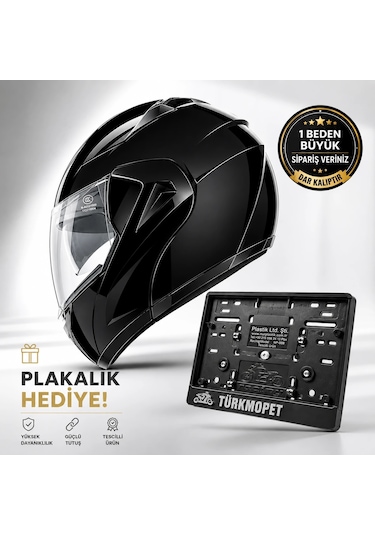 Vrt Çene Açılır Güneş Vizörlü Kask + Plakalık Siyah