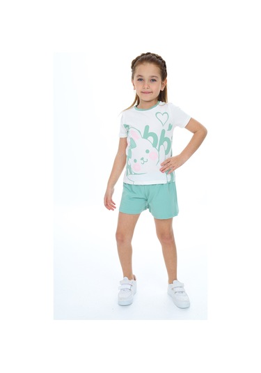 Toontoy Kız Çocuk Garnili Tavşan Baskılı Şortlu Takım Yeşil
