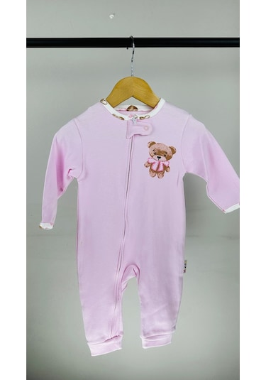 Ayıcık Desenli Fermuarlı Pamuklu Kız Bebek Tulum 001