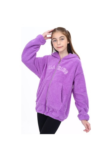Toontoy Kız Çocuk Kapüşonlu Fermuarlı Cepli Düşük Omuz Nakış Baskılı Peluş Hırka Lila