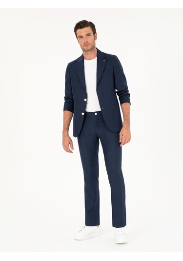 Cacharel Lacivert Slim Fit %100 Keten Pantolon