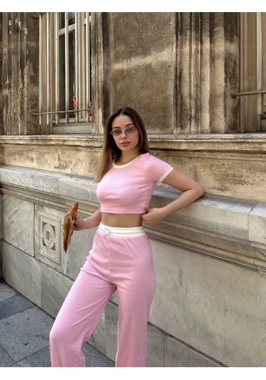 Crop Pantolon Biyeli Takım Pembe Pembe