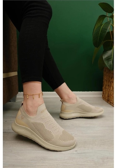 Günlük Kadın Erkek Unisex Sneaker Triko Nefes Alabilen Yürüyüş Bağcıksız Esnek Spor Ayakkabı Bej