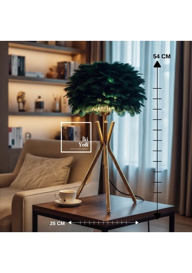 Miava Yeşil Tüylü Bronz Ayaklı Masa Lambası 54 Cm Dekoratif Abajur Modern Ev Ofis Aydınlatma Hediye Çok Renkli