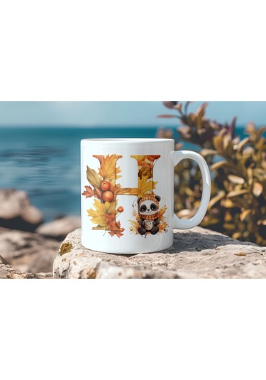 H Harf Sonbahar Yaprak Temalı Kupa Bardak - Sevimli Figürler İle Alfabe Harfli Bardak - Kişiye Özel Beyaz