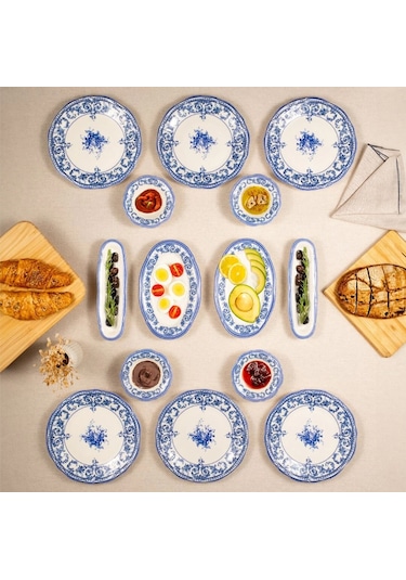 Fecra Majestic Blue 14 Parça Kahvaltı Takımı Beyaz - Mavi
