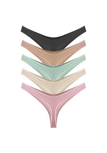 Kadın Pamuklu Ve Likrali Fitilli Kaşkorse Tanga Külot 5'li Paket Renkli-1 Çok Renkli