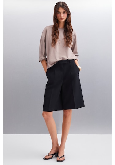 Basıl  Kadın Oversize %100 Organik Pamuk Örme Uzun Kol Vizon T-shirt