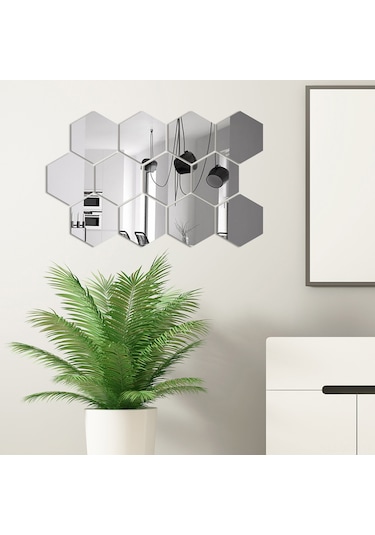 Qingmipy 12 Adet Çıkarılabilir Altıgen Ayna Çıkartması - Dıy Ev Dekorasyonu İçin Parlak Duvar Stickerları Gümüş