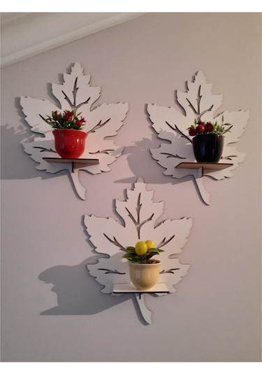 Alshop Yaprak Duvar Süsü Dekoru Rafı Mumluk Aplik Tablo 3'lü Beyaz
