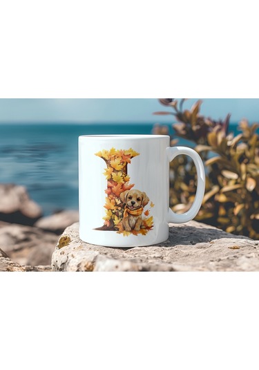 I Harf Sonbahar Yaprak Temalı Kupa Bardak - Sevimli Figürler İle Alfabe Harfli Bardak - Kişiye Özel Beyaz