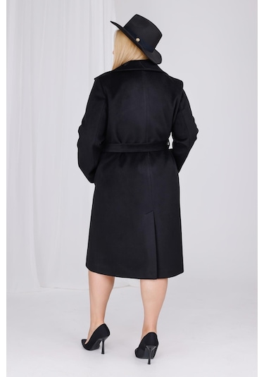 Kadın Siyah Yün Kaşe Kemer Ve Astar Detay Büyük Beden Kaban Siyah