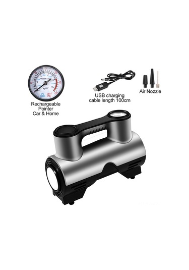 Wezone Usb Şarjlı Araba Lastik Pompa, Led Işıklı, 3 Fişli, Ev/araba Kullanıma Uygun, Göstergeli, Gri-siyah, St-211