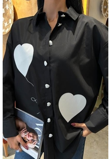 Kalp Nakışlı Ve Düğme Detaylı Oversize Gömlek 3430 Si Yah