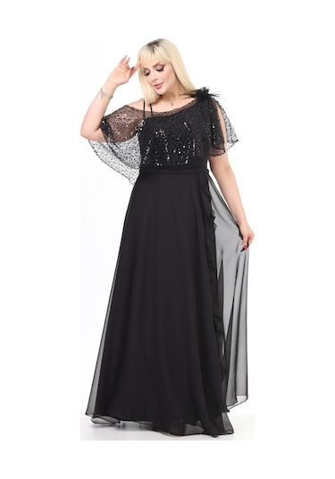 Ladies First Büyük Beden 3858 Siyah Uzun Abiye Elbise 001