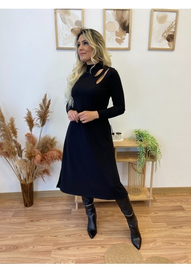 Nnstartshopping Kadın Uzun Kollu Balıkçı Yaka Omuzda Damla Detaylı Yırtmaçlı Krep Midi Elbise Siyah