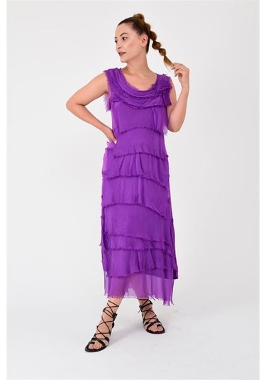 Italyan 2 Beden İnce Gösteren Kat Kat Kolsuz Ipek Elbise Kmor