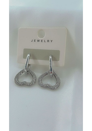 Kadın Zirkon Taşlı Tasarım Kalp Küpe Gümüş Renk Gümüş